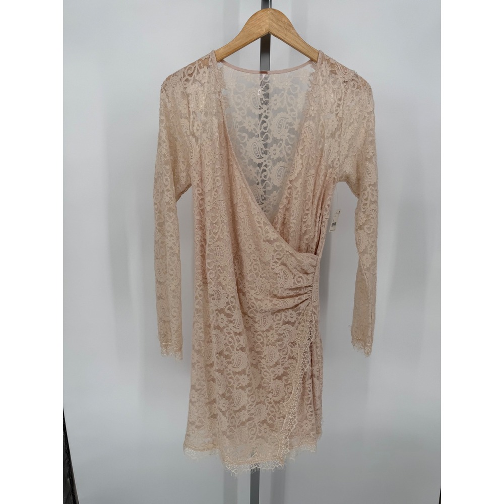 Free People Lace Wrap Dress Champagne Toast Long Sleeve Ruched Midi‎ Size M